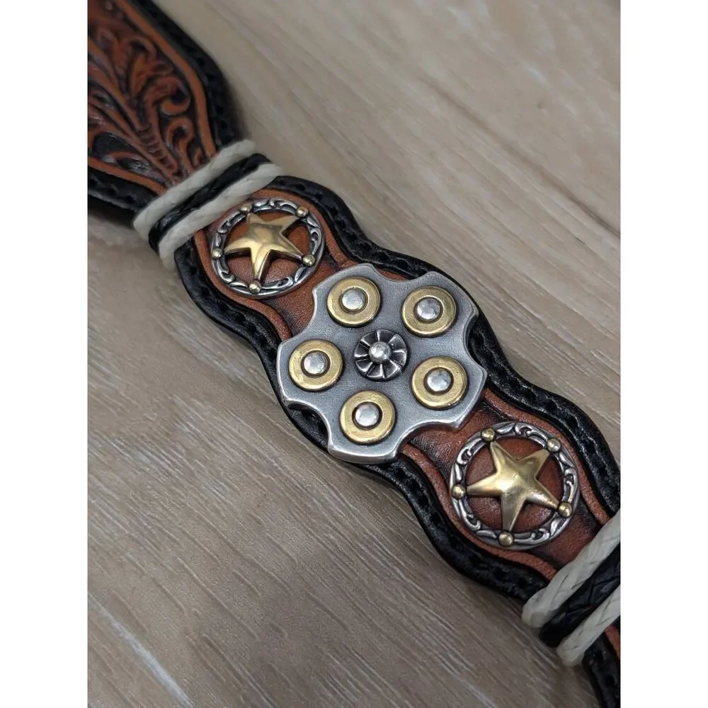 Silver Creek Tooled Leather Belt Western Sheriff Star Revolver Concho Sz 34